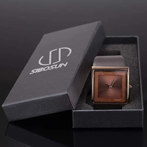 SIBOSUN Men's Square Watch 41mm (1.6 Inch) | Minimalist Quartz Brown Leather Strap Business Casual Analog thumbnail 7