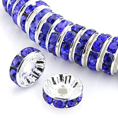 Allb Blue Czech Crystal Rondelle Spacer Beads 6mm (100 Pcs) | Silver Plated Rhinestone for Jewelry Making thumbnail 1