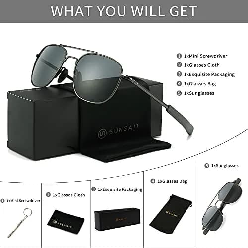 SUNGAIT Men's Military Style Polarized Pilot Aviator Sunglasses Gunmetal/Gray | UV Protection thumbnail 7