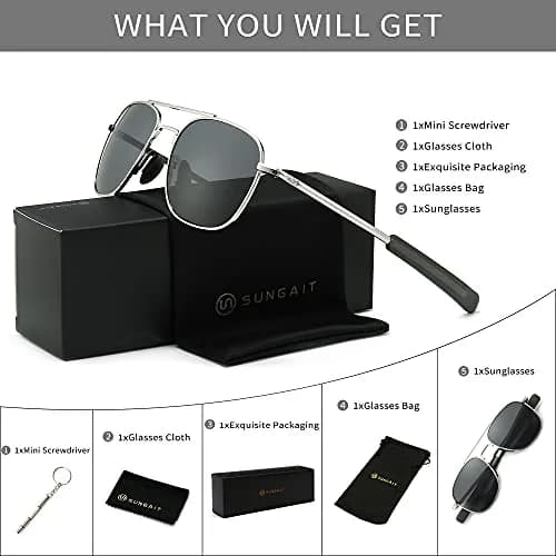 SUNGAIT Men's Military Style Polarized Pilot Aviator Sunglasses Silver Frame/Gray Lens 55mm (2.17in) | UV Protection thumbnail 6