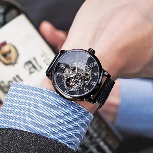 FORSINING Men's Mechanical Skeleton Watch 41mm (1.61 in) Black | Retro Design with Roman Numerals thumbnail 6