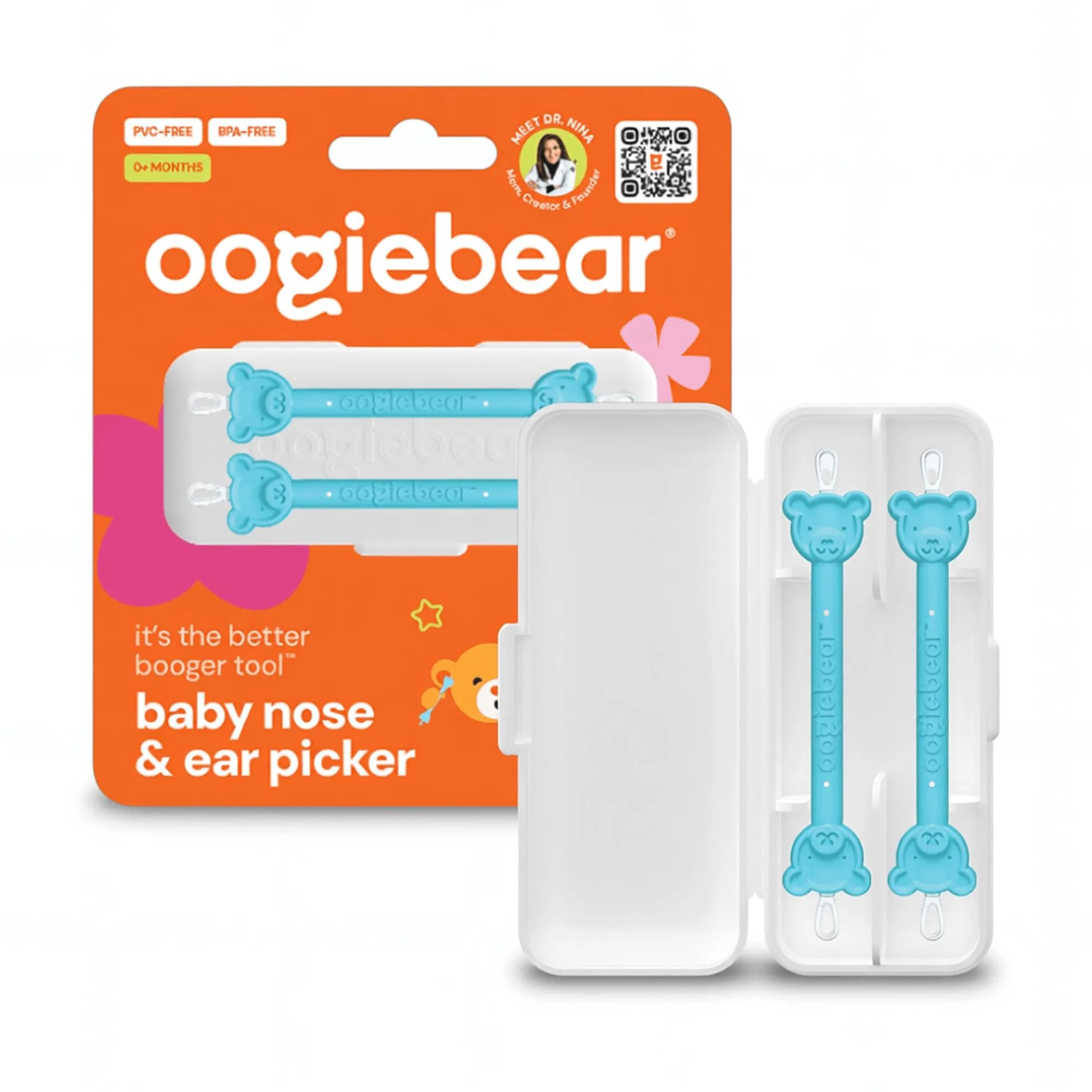 oogiebear Baby Nose & Ear Picker with Travel Case, 2-Pack Blue | Safe Dual-Ended Nasal & Ear Cleaner for Newborns & Toddlers
