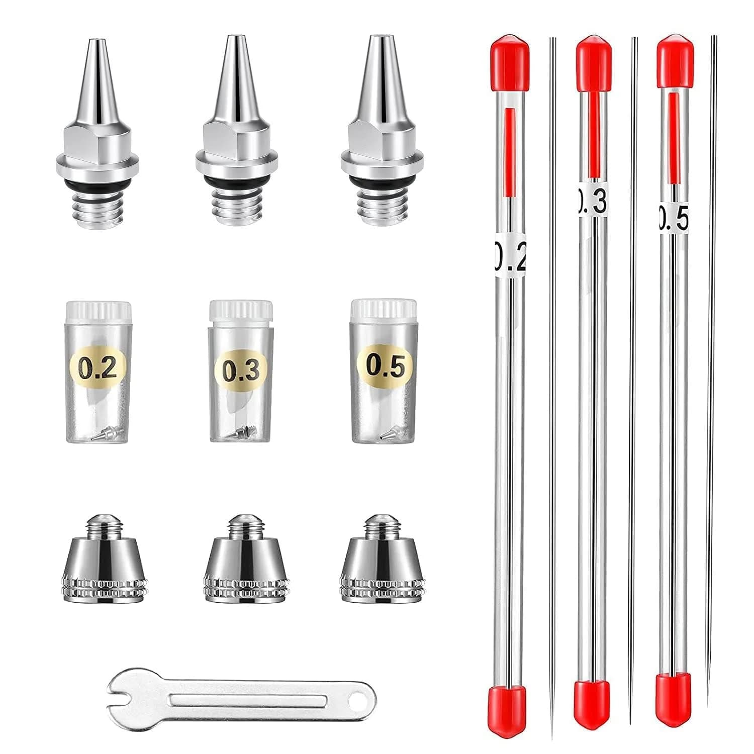 HUBEST Airbrush Replacement Parts Kit with 0.2mm, 0.3mm, 0.5mm Nozzles, Needles & Caps, Includes Wrench | Standard Dual-Action Gravity Feed Compatible - main product image