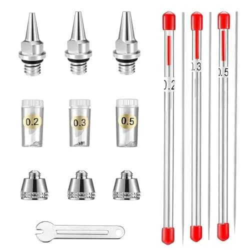 HUBEST Airbrush Replacement Parts Kit with 0.2mm, 0.3mm, 0.5mm Nozzles, Needles & Caps, Includes Wrench | Standard Dual-Action Gravity Feed Compatible thumbnail 1