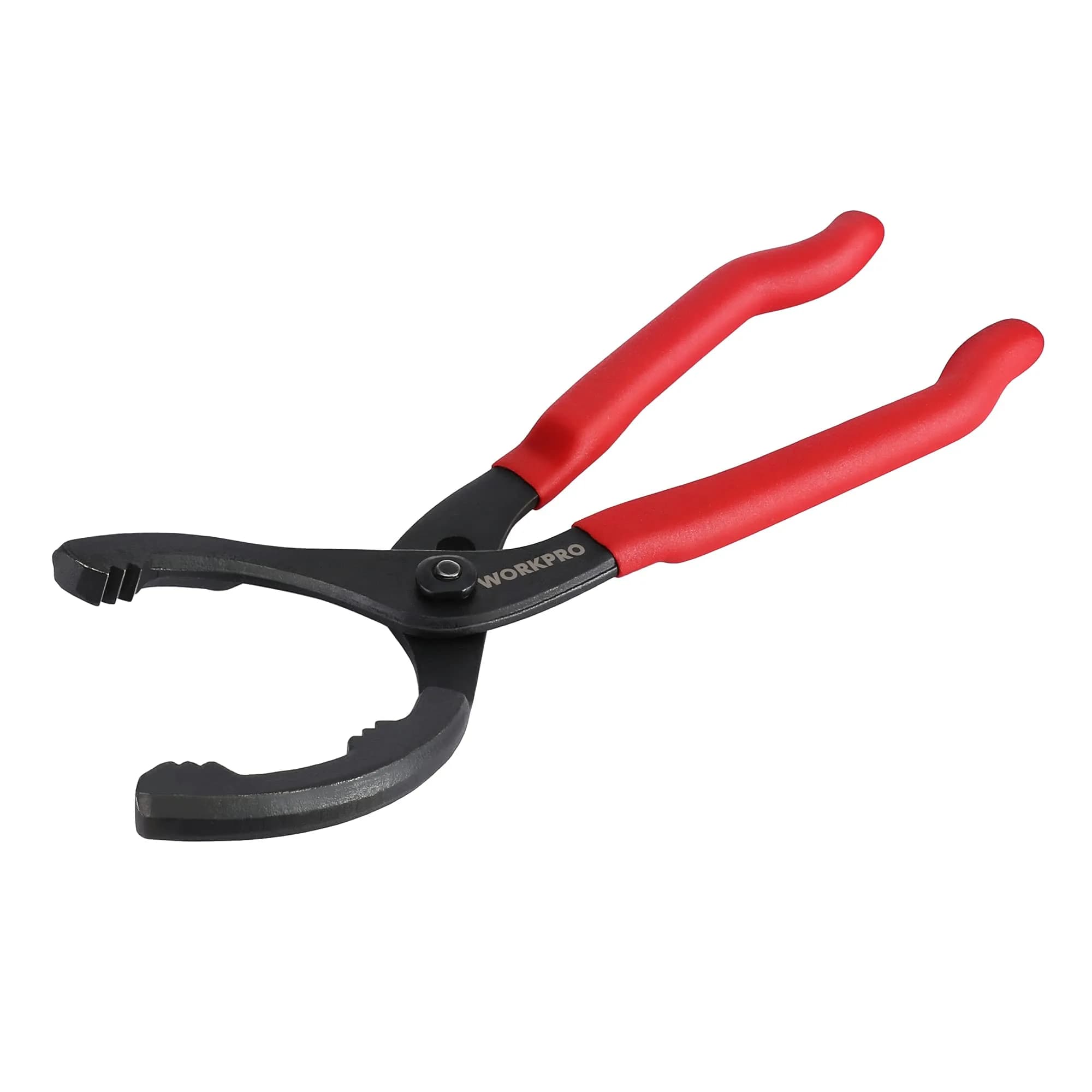 WORKPRO 12" Adjustable Oil Filter Pliers, Heavy Duty Steel Wrench with Bent Head & Red Grips | Fits 2-3/8" to 4-1/2" Filters - main product image