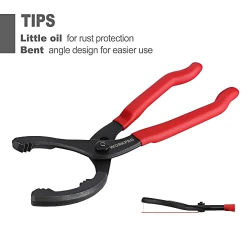 WORKPRO 12" Adjustable Oil Filter Pliers, Heavy Duty Steel Wrench with Bent Head & Red Grips | Fits 2-3/8" to 4-1/2" Filters thumbnail 5