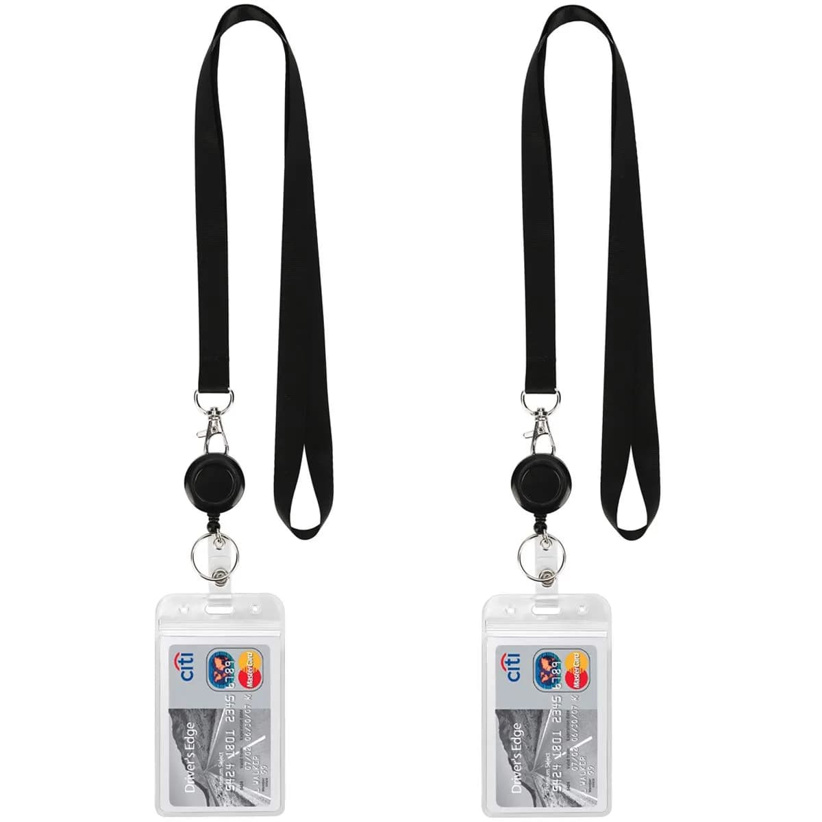 YOUOWO Retractable Badge Reel with Lanyard and Vertical ID Holder (2-Pack, Black) | Holds ID Cards, Keys, and More — Black