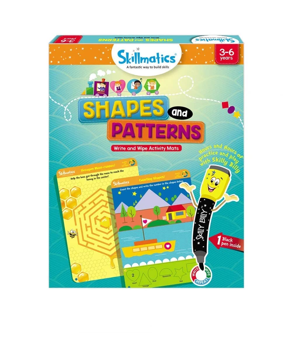 Skillmatics Shapes and Patterns Educational Game - Reusable Activity Mats with Dry Erase Marker, Ages 3-6 | Logical Reasoning & Creative Thinking