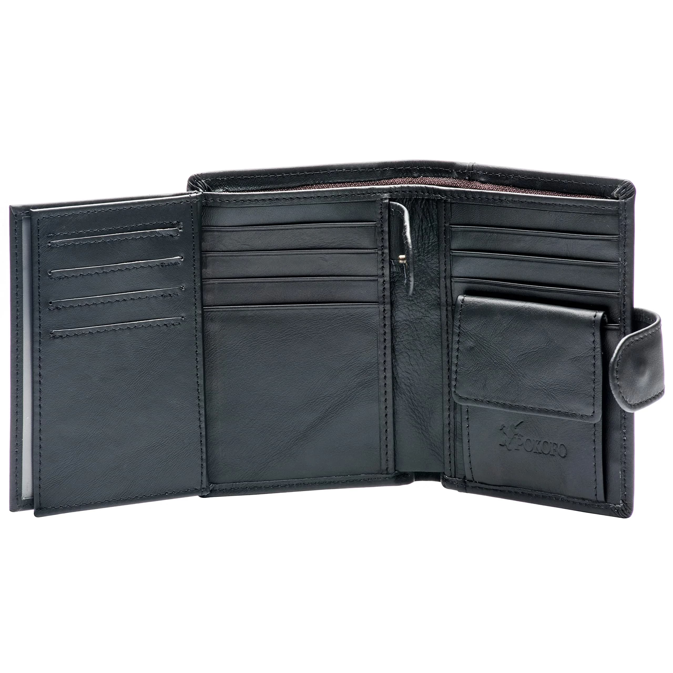 POKOFO Genuine Leather RFID Blocking Trifold Wallet for Men | 14 Card Slots, Black