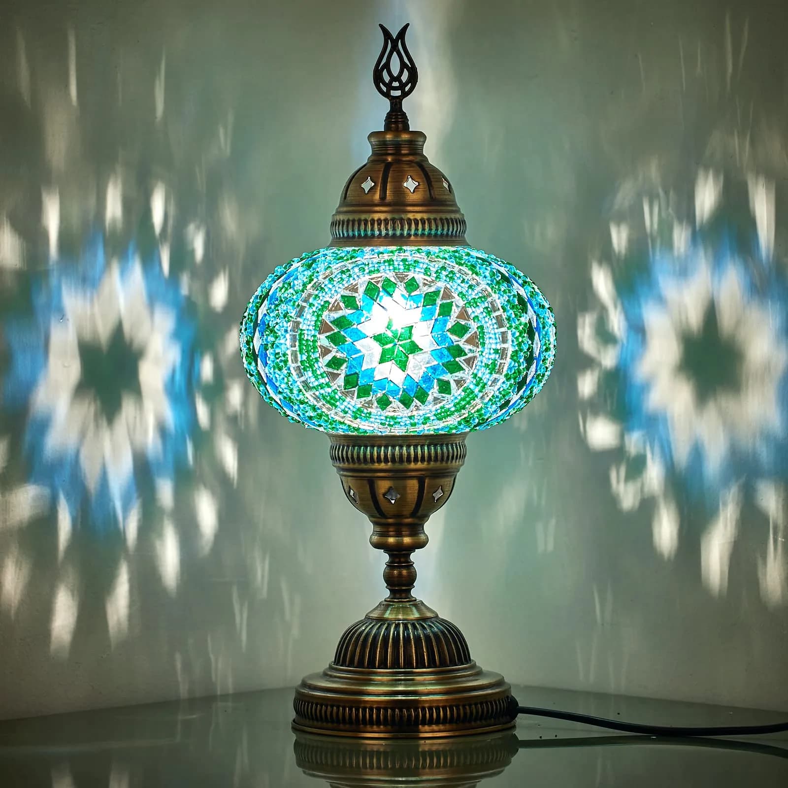 DEMMEX 7" Large Globe Turkish Moroccan Mosaic Table Lamp | Handcrafted Tiffany-Style Colorful Glass Bedside & Decor (14" H, Turquoise) - main product image
