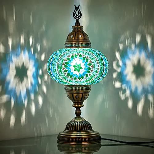 DEMMEX 7" Large Globe Turkish Moroccan Mosaic Table Lamp | Handcrafted Tiffany-Style Colorful Glass Bedside & Decor (14" H, Turquoise) thumbnail 1