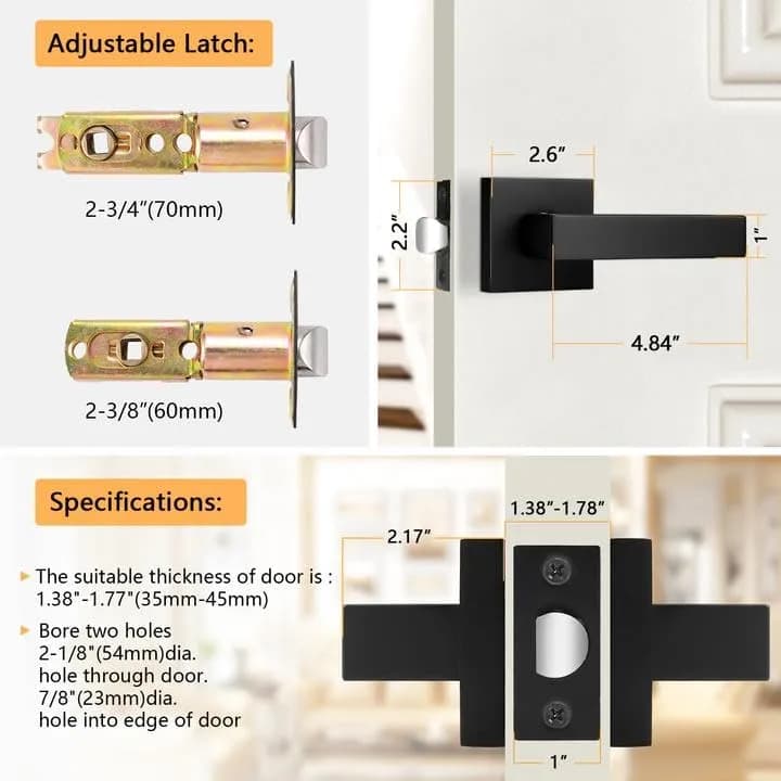 Probrico Heavy Duty Interior Door Handles, Matte Black Passage Square Non-Locking Zinc Alloy Closet Levers, Reversible for Left/Right-Handed Door, 3 Pack thumbnail 13