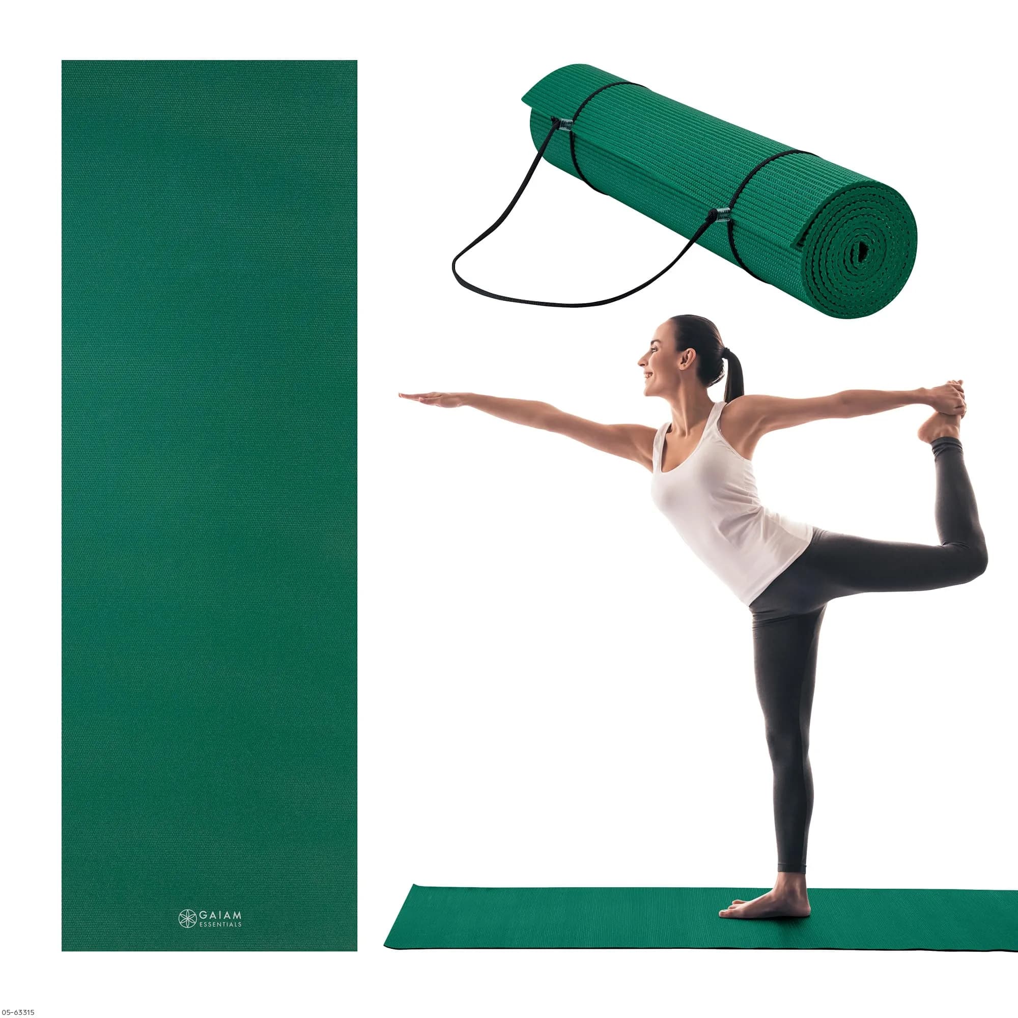 Gaiam Essentials Yoga Mat 6mm Navy | Non-Slip Texture & 1/4 Inch Cushioning with Carrying Sling — Green