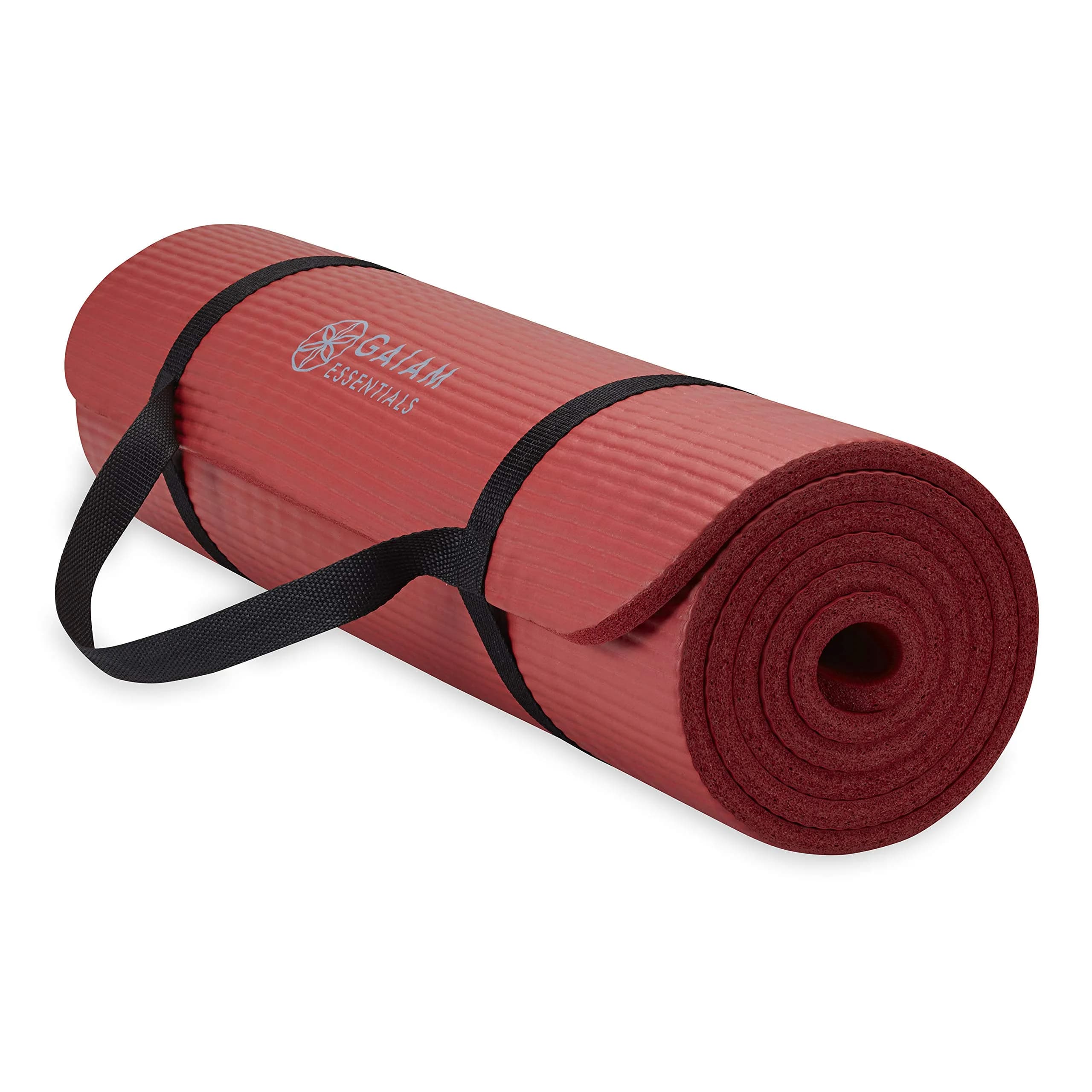 Gaiam Essentials Thick Yoga Mat with Easy-Cinch Strap (Red, 10mm / 0.39 Inch) | Extra-Thick Cushioning for Joint Comfort