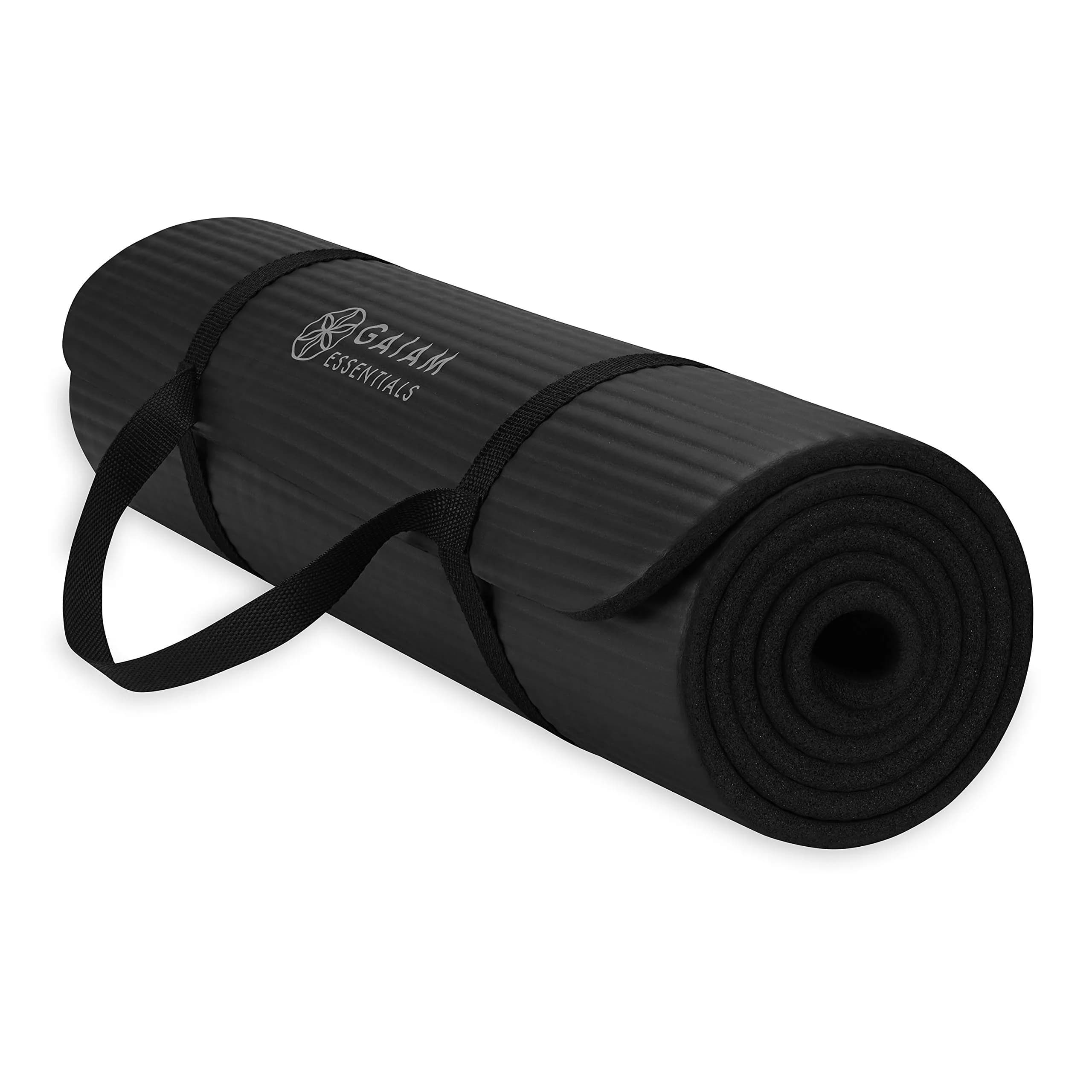 Gaiam Essentials Thick Yoga Mat with Easy-Cinch Strap (Black, 10mm / 0.4 Inch)