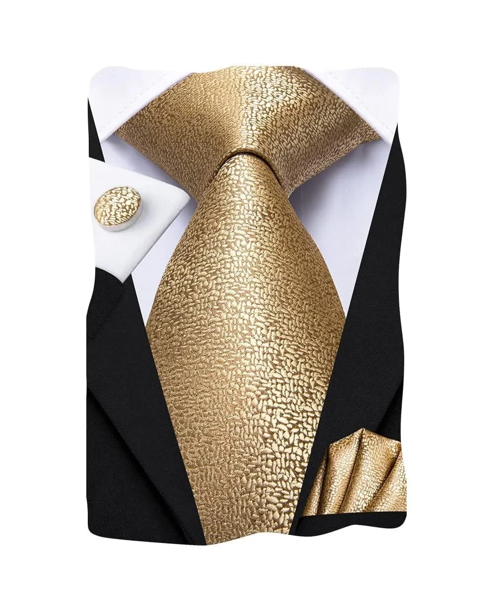 Dubulle Silk Necktie Set with Cufflinks & Pocket Square | Gold Brown 150cm | Formal & Wedding Accessory — B Dark Gold