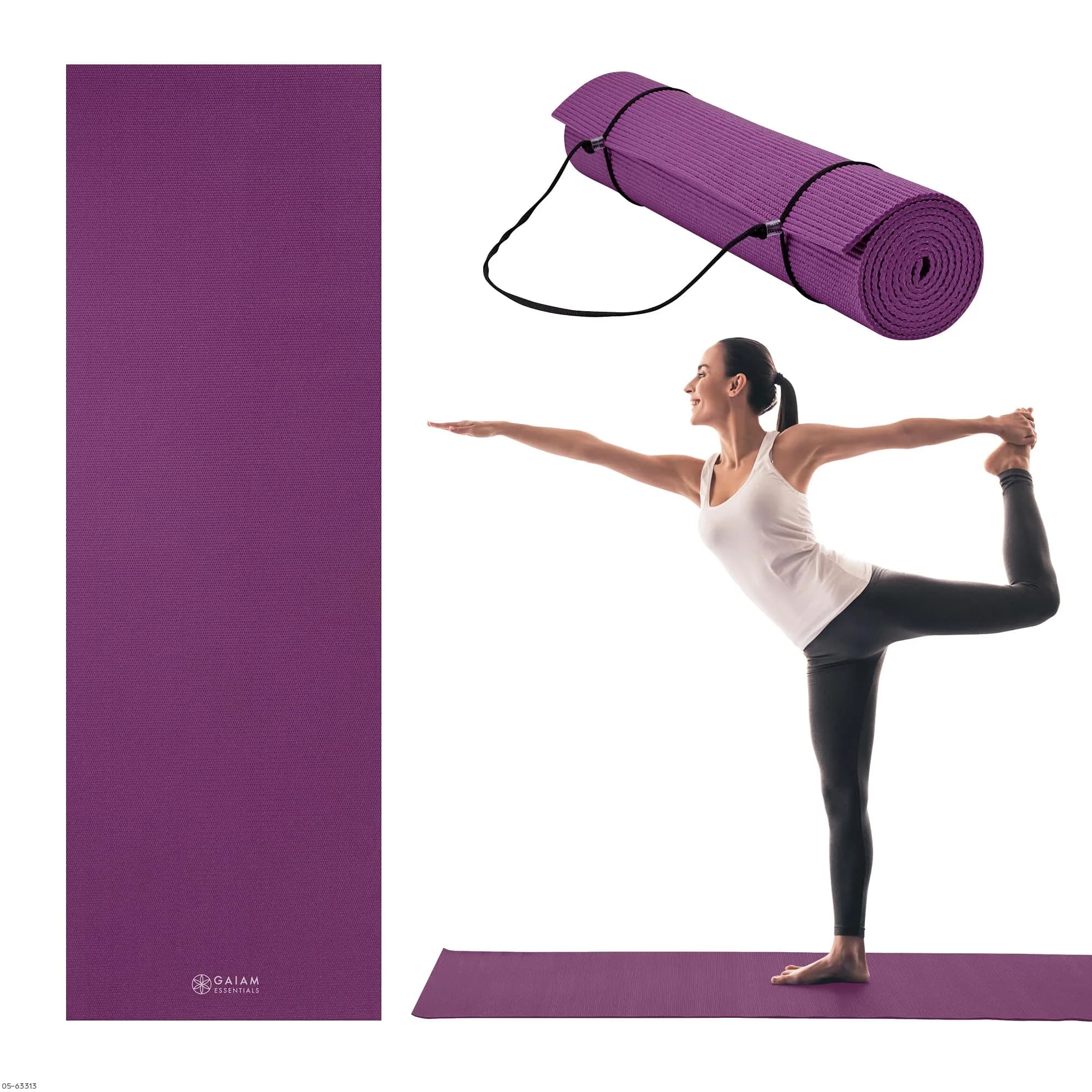 Gaiam Essentials Yoga Mat 6mm Navy | Non-Slip Texture & 1/4 Inch Cushioning with Carrying Sling — Purple