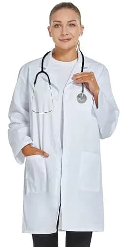 VOGRYE Womens Medical Lab Coat Three Pocket Long Sleeve Button Front White | Durable & Stylish for Medical & Science Professionals thumbnail 3