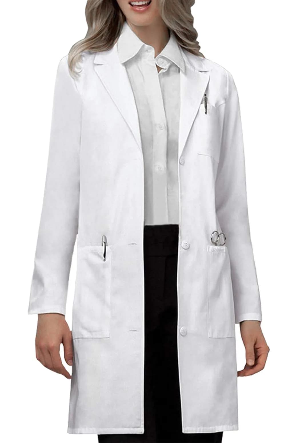 VOGRYE Womens Medical Lab Coat Three Pocket Long Sleeve Button Front White | Durable, Stylish & Suitable for Medical & Scientific Use