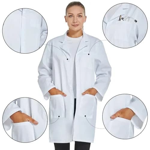VOGRYE Womens Medical Lab Coat Three Pocket Long Sleeve Button Front White | Durable, Stylish & Suitable for Medical & Scientific Use thumbnail 4