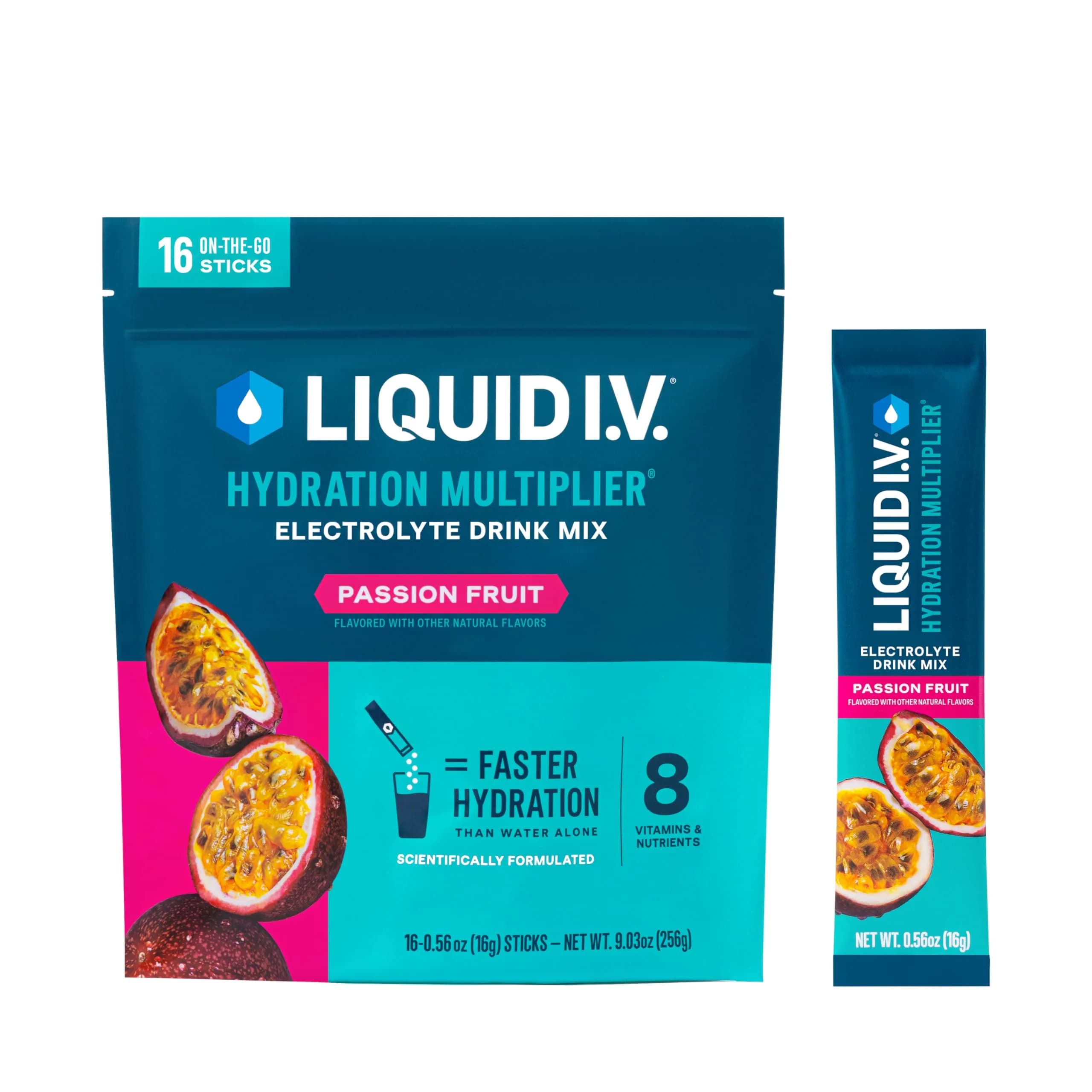 Liquid I.V. Hydration Multiplier Electrolyte Drink Mix, Lemon Lime, 16 Stick Packs (9.03 oz / 256 g) | Clinically Proven Hydration — Passion Fruit