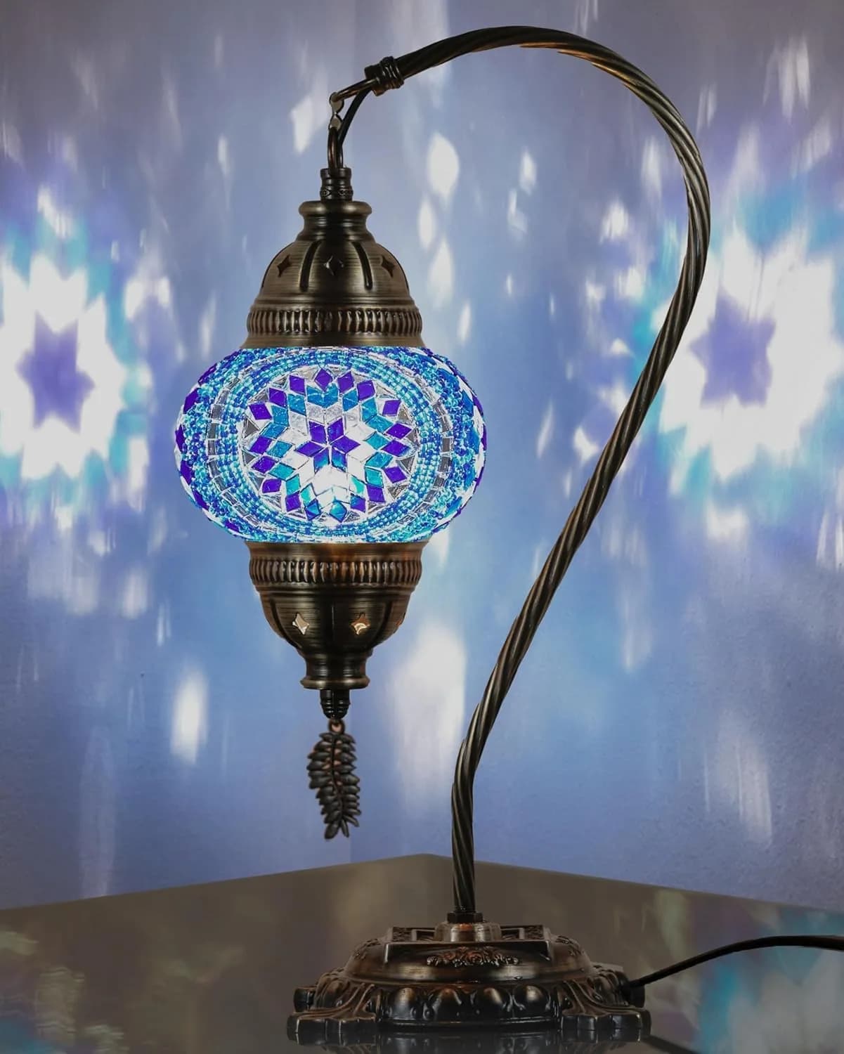 DEMMEX Turkish Moroccan Mosaic Table Lamp – Handcrafted Tiffany-Style Glass Swan Neck Bedside, Desk, Table Light, Boho Artisan Accent Lighting for Bedroom or Living Room – 15" H, Blue — Blue