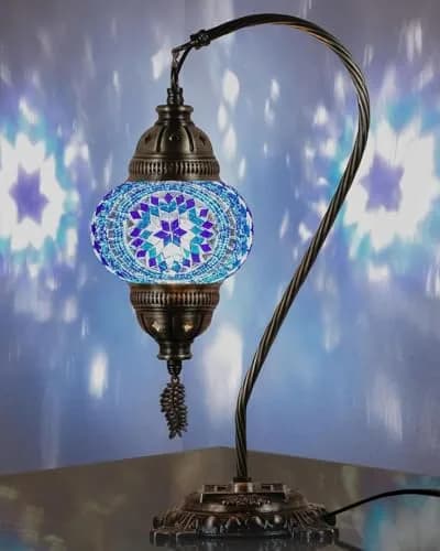 DEMMEX Turkish Moroccan Mosaic Table Lamp – Handcrafted Tiffany-Style Glass Swan Neck Bedside, Desk, Table Light, Boho Artisan Accent Lighting for Bedroom or Living Room – 15" H, Blue thumbnail 1