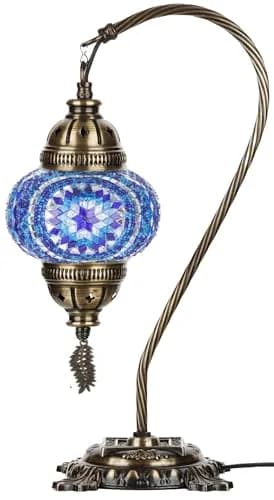 DEMMEX Turkish Moroccan Mosaic Table Lamp – Handcrafted Tiffany-Style Glass Swan Neck Bedside, Desk, Table Light, Boho Artisan Accent Lighting for Bedroom or Living Room – 15" H, Blue thumbnail 6