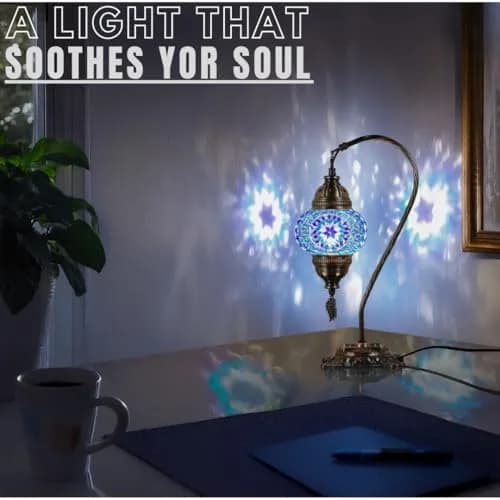 DEMMEX Turkish Moroccan Mosaic Table Lamp – Handcrafted Tiffany-Style Glass Swan Neck Bedside, Desk, Table Light, Boho Artisan Accent Lighting for Bedroom or Living Room – 15" H, Blue thumbnail 2