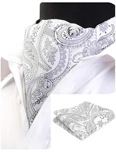 GUSLESON Men's Silver Ascot Paisley Floral Necktie & Pocket Square Set | Jacquard Woven Silk & Microfiber (126cm) thumbnail 1
