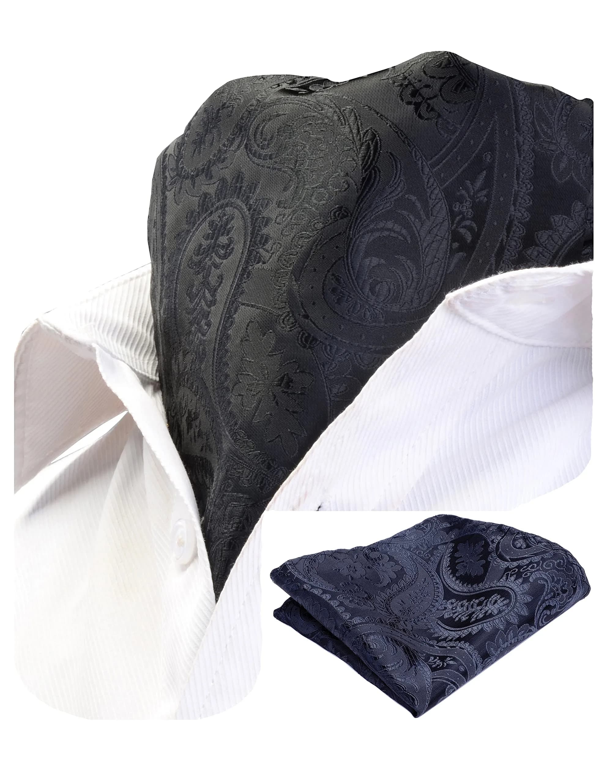 GUSLESON Men's Black Ascot Paisley Tie Floral Jacquard Woven Gift Cravat Necktie and Pocket Square Set (0603-08) | Elegant Floral Design - main product image