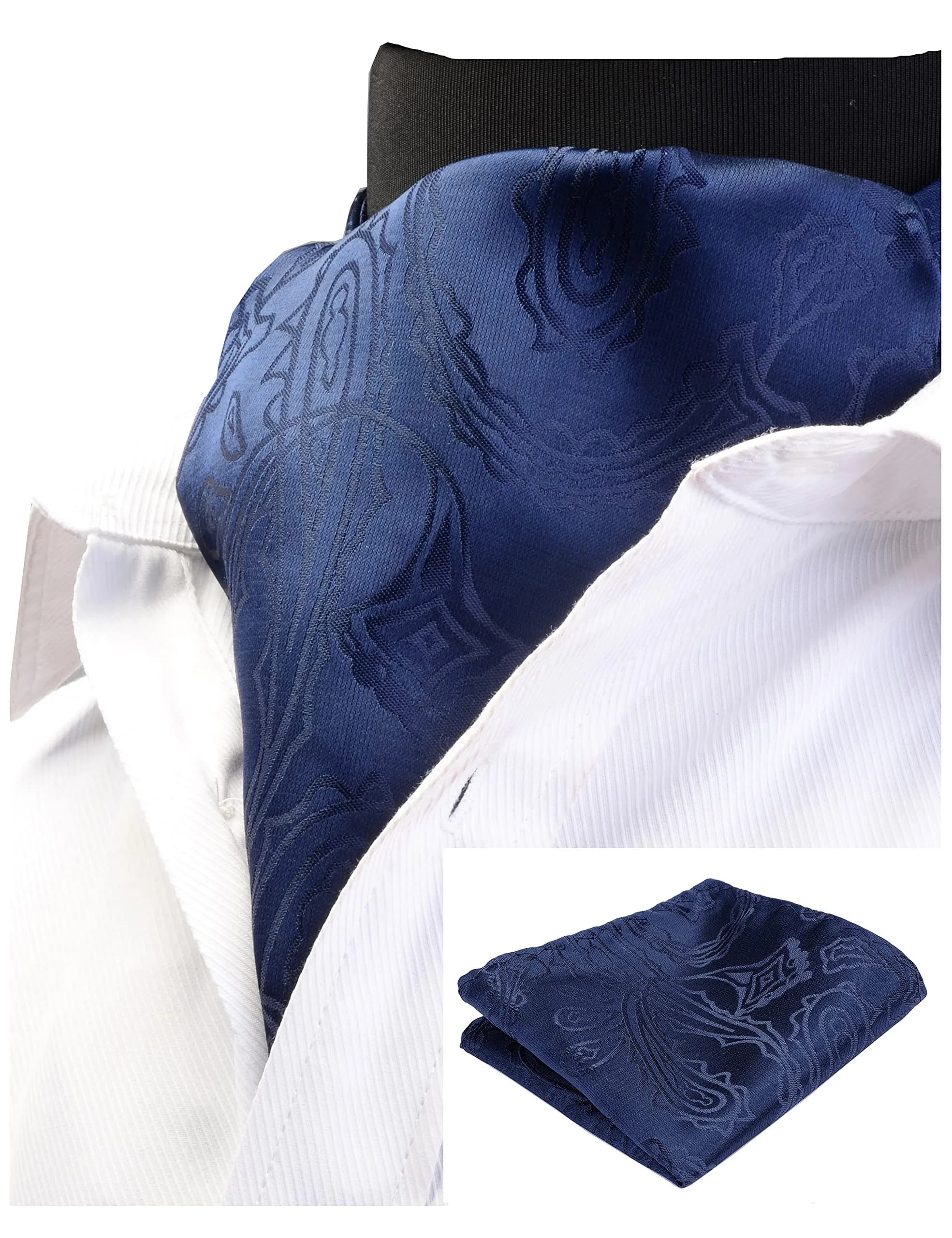 GUSLESON Navy Blue Paisley Self Tie Necktie & Handkerchief Set | Floral Luxury Ascot for Men - main product image