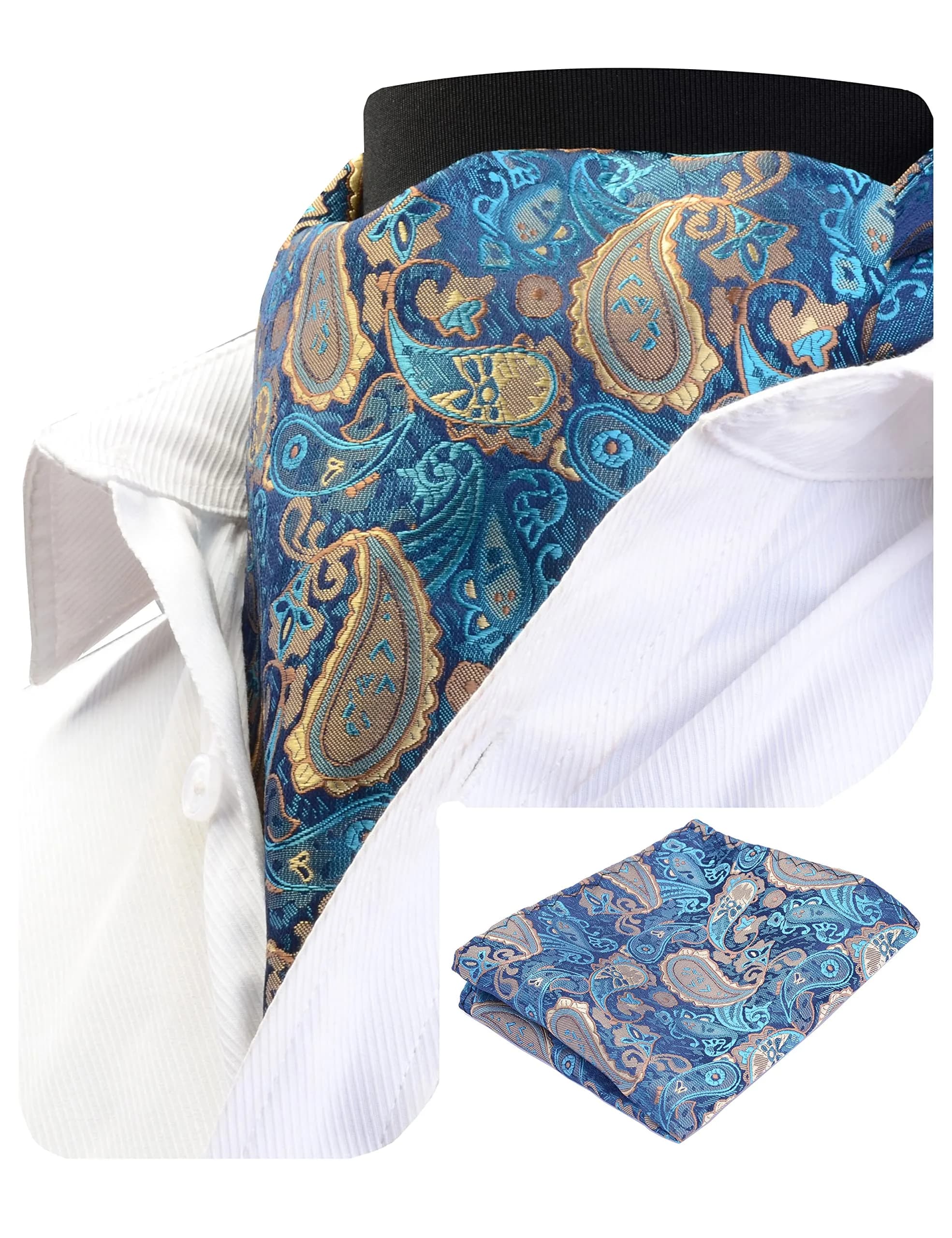 GUSLESON Men's Black Ascot Paisley Tie Floral Jacquard Woven Gift Cravat Necktie and Pocket Square Set (0603-08) | Elegant Floral Design — Green/Gold
