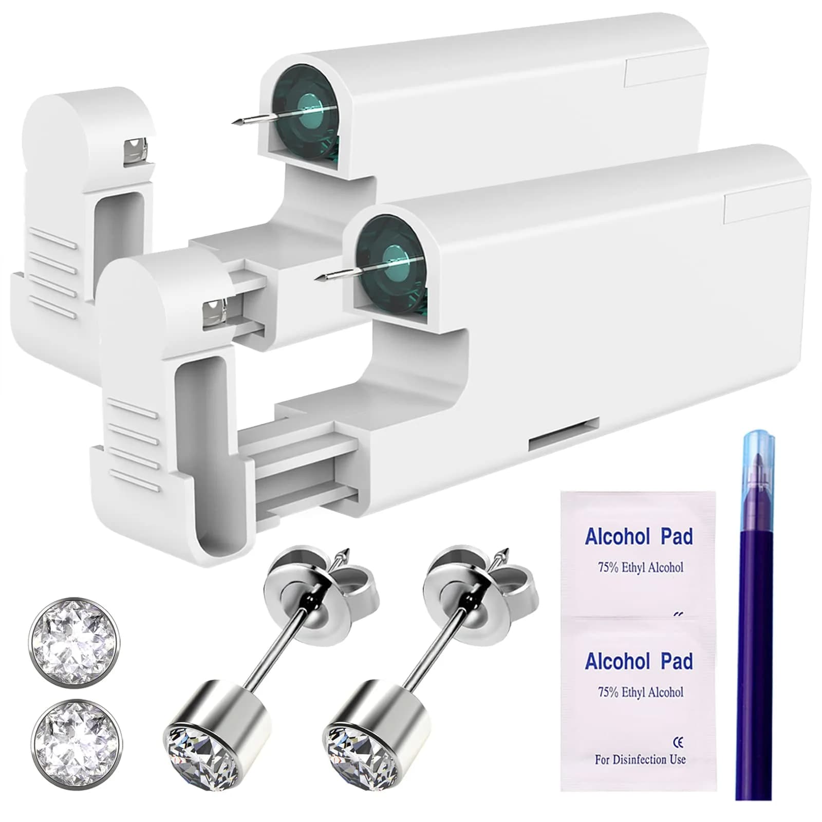 KAIQIKAIXI 2Pcs Ear Piercing Kit with 4mm Golden Studs & Cleaning Pads | Automatic & Painless Household Piercing Tools — Silver / 4mm