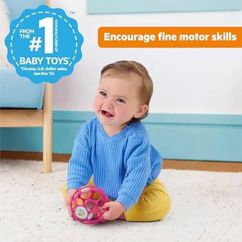 Bright Starts Oball Rattle Ball, Pink, 10cm (4 Inches) | BPA-Free Baby Toy for Fine Motor Skills thumbnail 2