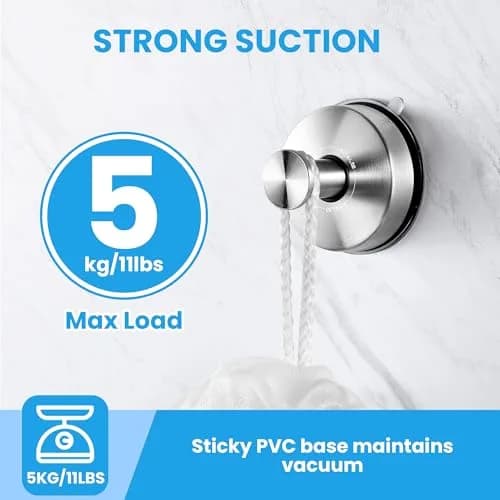 JOMOLA Suction Cup Hooks Suction Shower Hook Bathroom Towel Hanger for Shower Storage Kitchen Utensil Stainless Steel, Brushed Finish, 2PCS | 11lb Max Load thumbnail 5