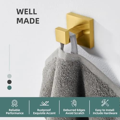 Angle Simple Brushed Dark Gold Towel Hook, Coat Robe Holder for Bathroom | SUS304 Stainless Steel, Modern Wall Mount (55 x 60 x 55mm) thumbnail 5