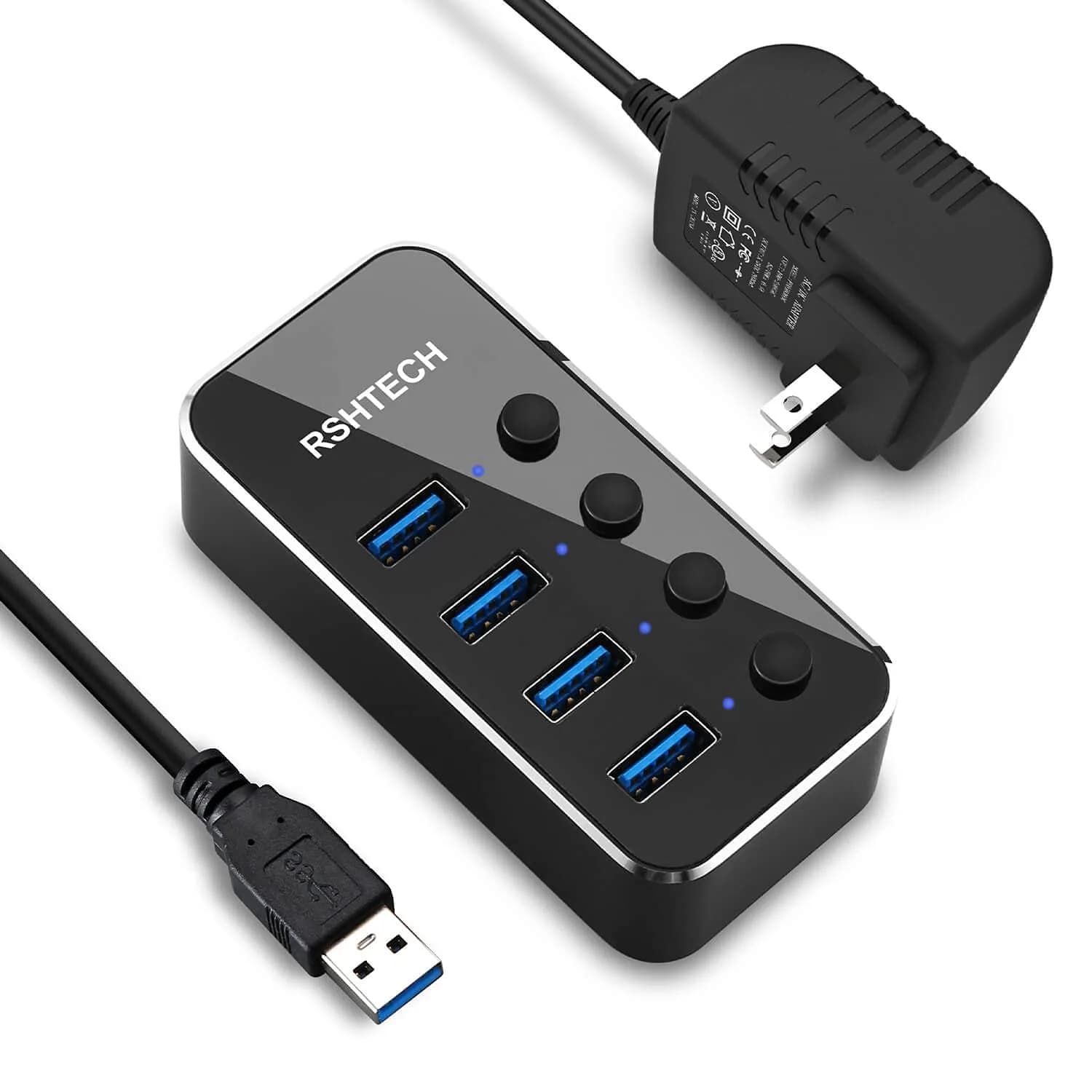 RSHTECH 7-Port Powered USB 3.2/USB C Hub with 10Gbps USB-A 3.2, 2 USB-C 3.2, 4 USB 3.0 Ports, Individual Touch Switches, 3.3ft Cable and 5V Power Adapter | Fast Data Transfer — Black / 4-Port Powered USB Hub