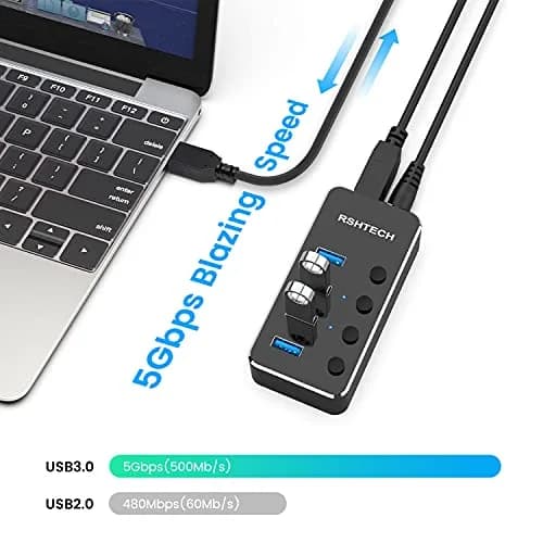 RSHTECH Powered USB Hub 4 Port | USB 3.0 Data Expander with Individual Switch & Aluminum Body thumbnail 4