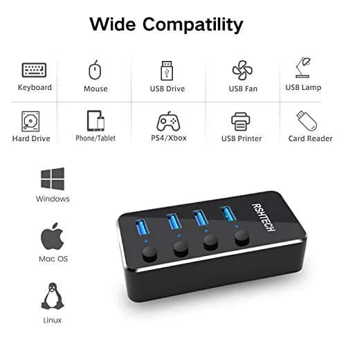RSHTECH Powered USB Hub 4 Port | USB 3.0 Data Expander with Individual Switch & Aluminum Body thumbnail 5