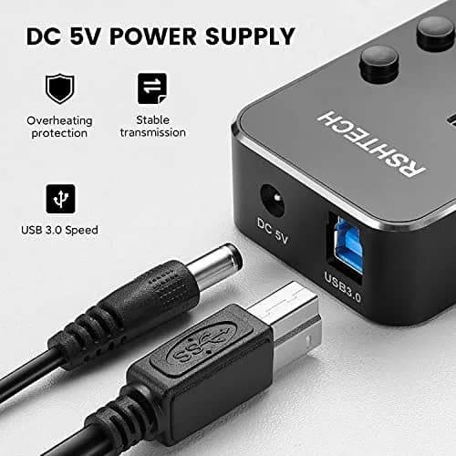 RSHTECH Powered USB Hub 4 Port | USB 3.0 Data Expander with Individual Switch & Aluminum Body thumbnail 3