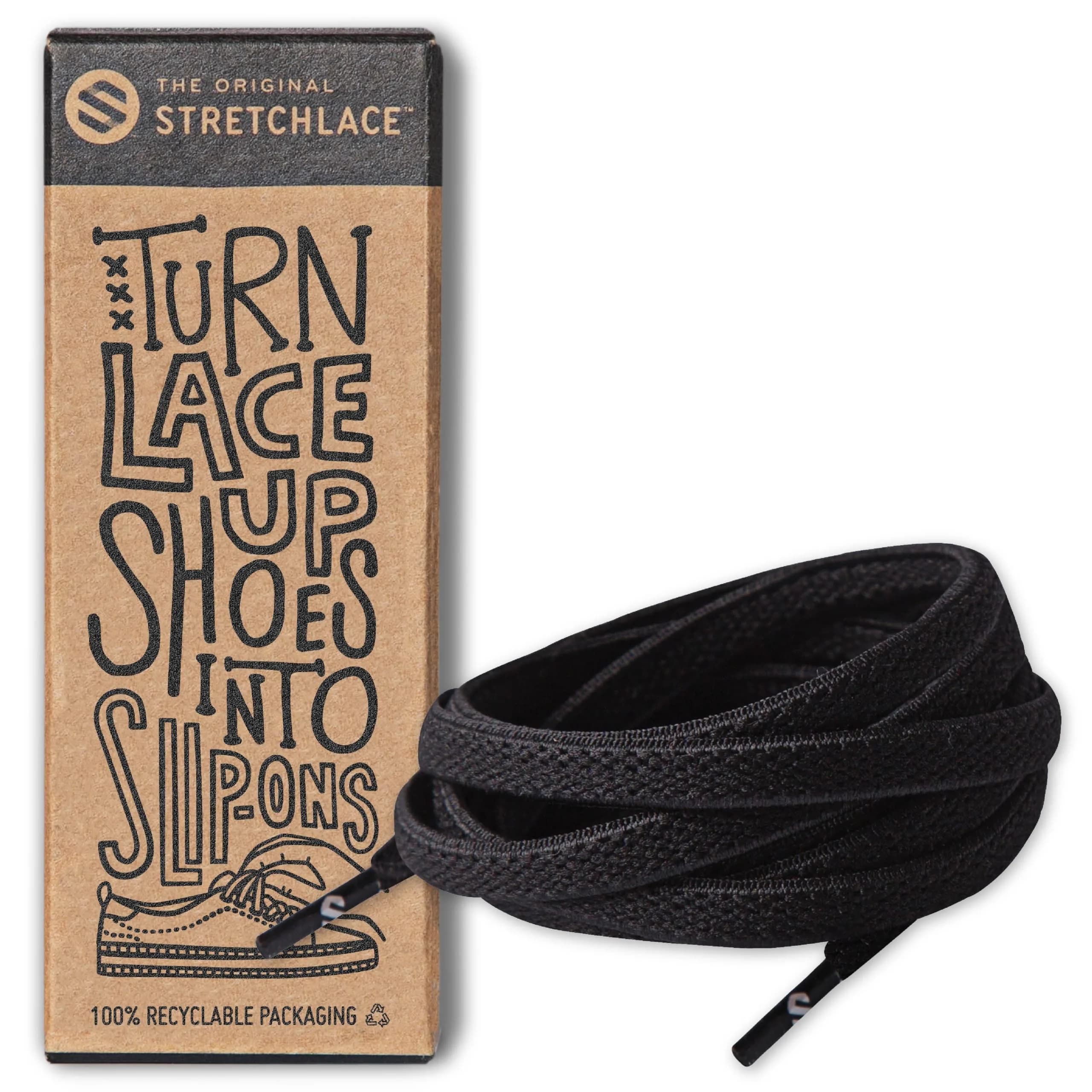 THE ORIGINAL STRETCHLACE Flat Elastic Stretch Shoelaces, Black, 45 in | No Tie, Comfortable Fit for All Ages