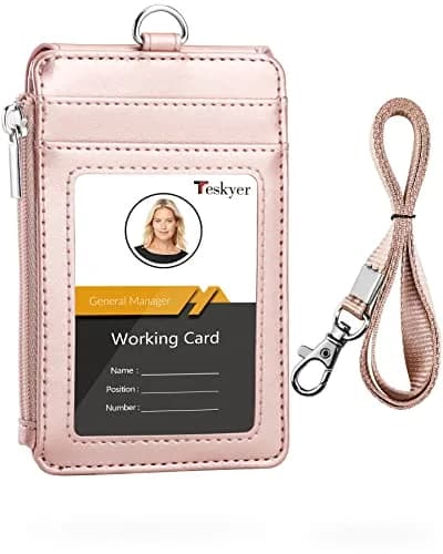 Teskyer Leather ID Badge Holder with Lanyard, Rose Gold | Durable PU Leather Badge Wallet thumbnail 1