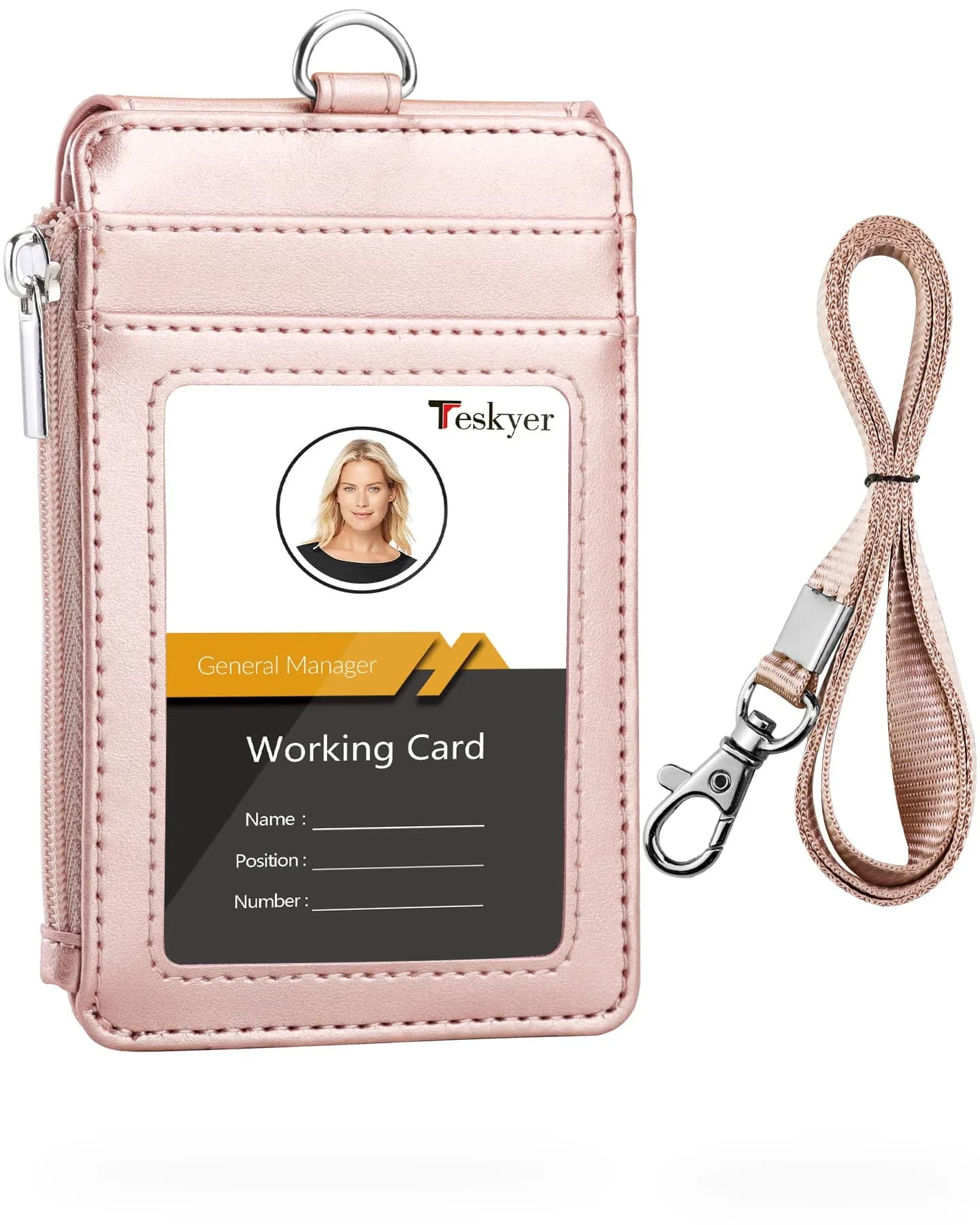 Teskyer Leather ID Badge Holder with Lanyard, Rose Gold | Durable PU Leather Badge Wallet — Rose Gold