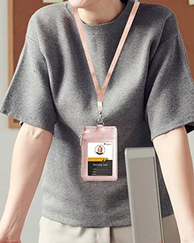 Teskyer Leather ID Badge Holder with Lanyard, Rose Gold | Durable PU Leather Badge Wallet thumbnail 2