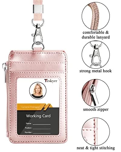 Teskyer Leather ID Badge Holder with Lanyard, Rose Gold | Durable PU Leather Badge Wallet thumbnail 3