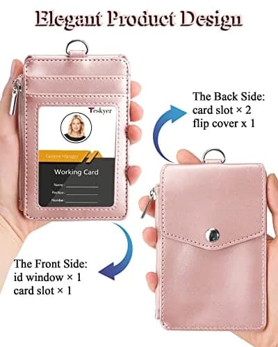Teskyer Leather ID Badge Holder with Lanyard, Rose Gold | Durable PU Leather Badge Wallet thumbnail 4