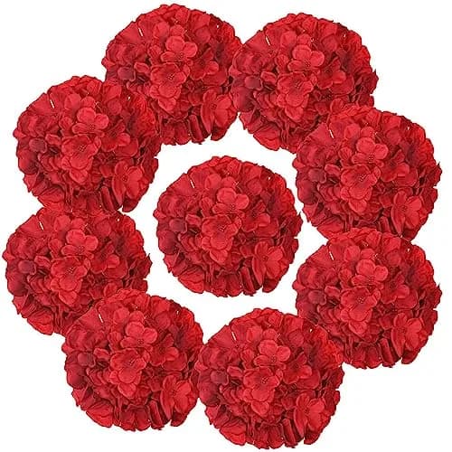 LUSHIDI Red 10PCS Silk Hydrangea Flower Heads with Stems | Realistic Style Artificial Flowers for Decor thumbnail 1