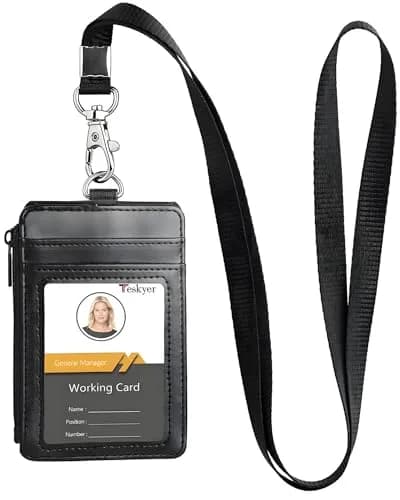 Teskyer Black PU Leather ID Badge Holder with Lanyard & Zipper Pocket | 4 Card Slots, 1 Clear ID Window thumbnail 1