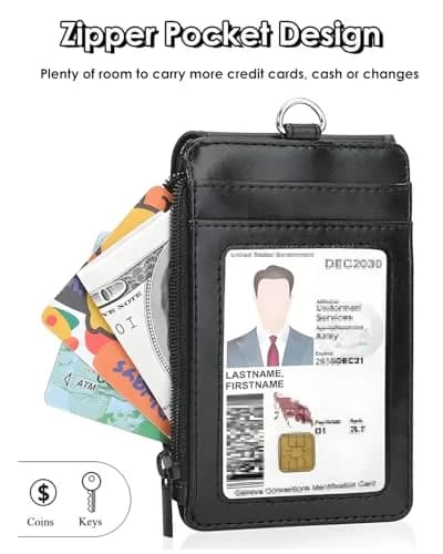 Teskyer Black PU Leather ID Badge Holder with Lanyard & Zipper Pocket | 4 Card Slots, 1 Clear ID Window thumbnail 4